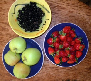 Apples, blackberries and strawberries from the edible garden